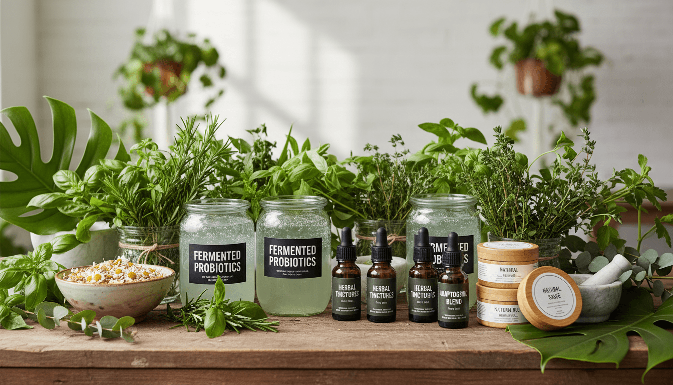 Fresh herbs, seedlings, and probiotic products including kefir and kombucha in natural light