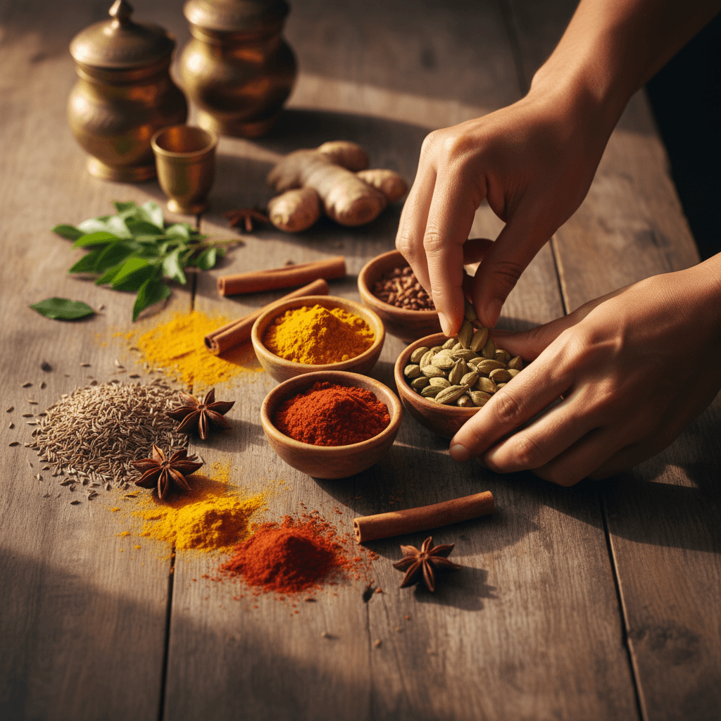 Overhead view of vibrant Indian spices arranged in ceramic bowls with natural golden light illuminating turmeric, chili powder, and cardamom