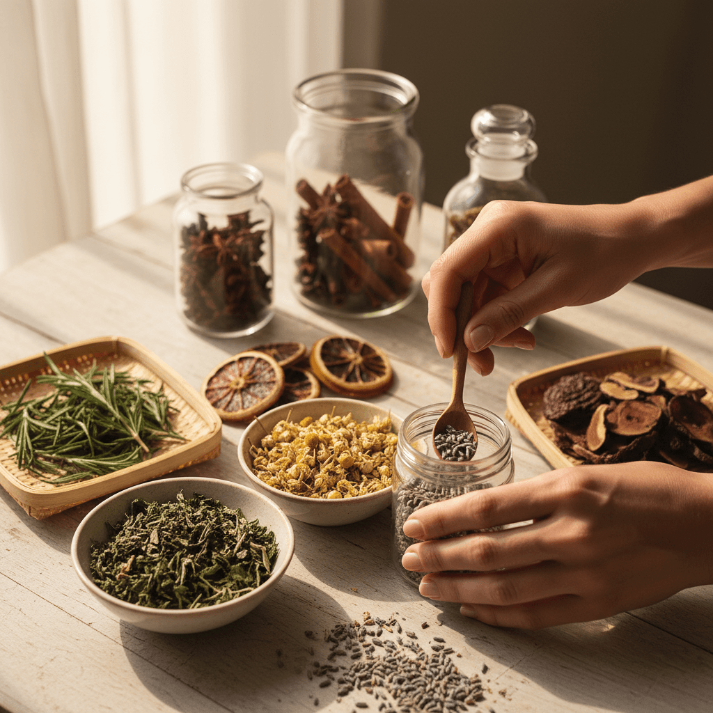 Hands arranging dried medicinal herbs, flowers, and botanical ingredients in glass jars on a wooden surface