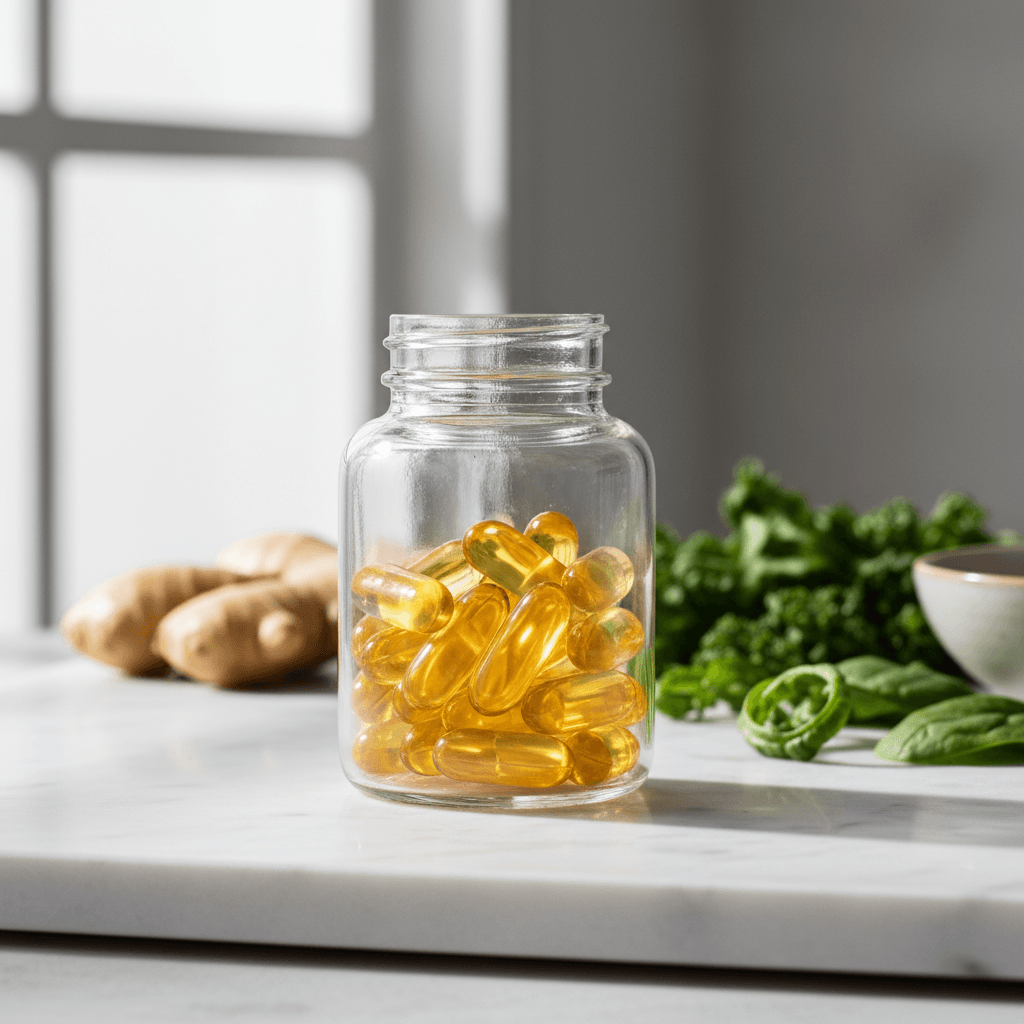 Golden supplement capsules displayed in clear glass bottle on white marble with natural window light